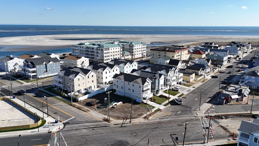 Aerial view of the new homes in North Wildwood with the beach and ocean beyond