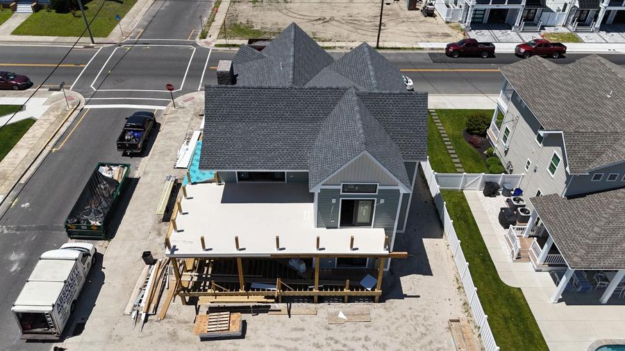 Overhead view of the Wildwood Crest home during construction, with the rear deck framed