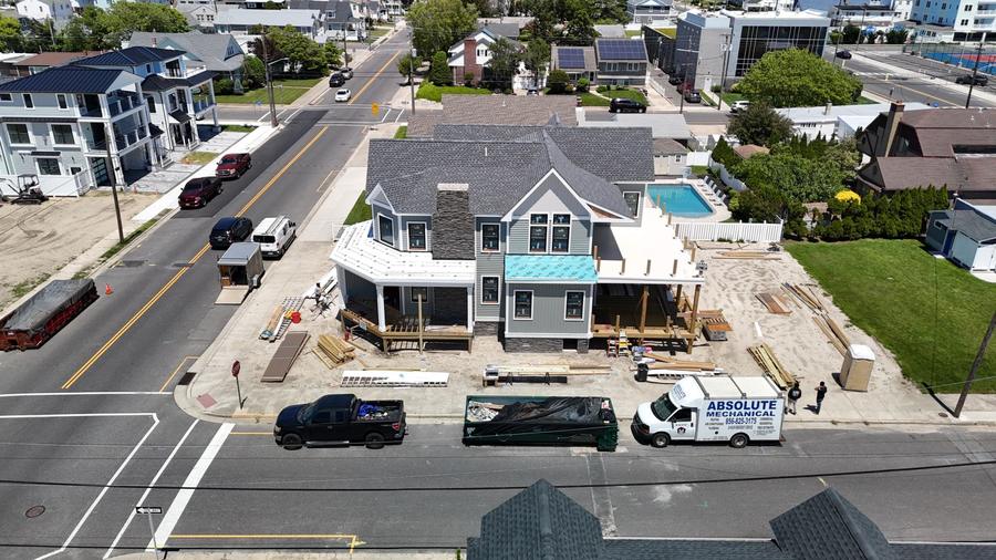 Street-side aerial view of the Wildwood Crest home during construction